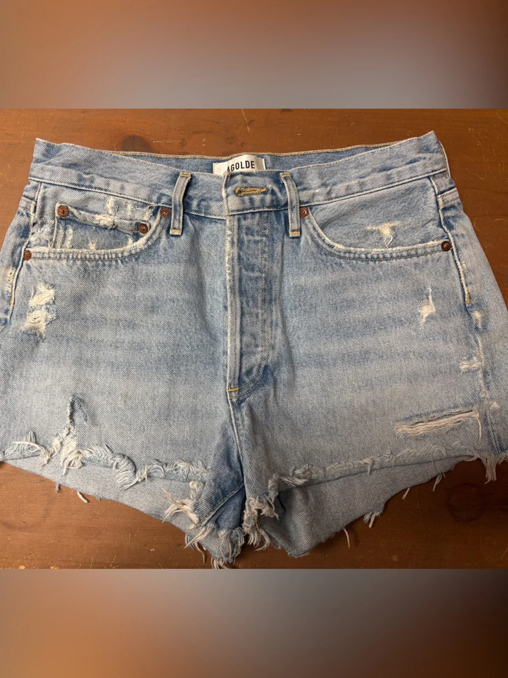 Agolde Light Wash Distressed Denim Shorts